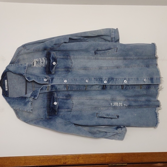 Distress Long denim jacket Sz S/M - Picture 1 of 5
